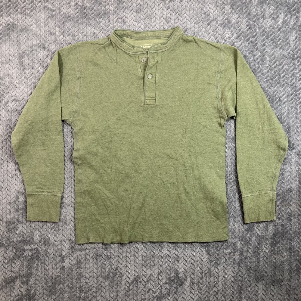 L.L. Bean Mens M Green Henley T-Shirt Long Sleeve Cotton Button Work Wear